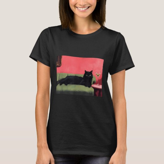 Zwarte Kat Met Martini Kunstprint T-shirt (Voorkant)