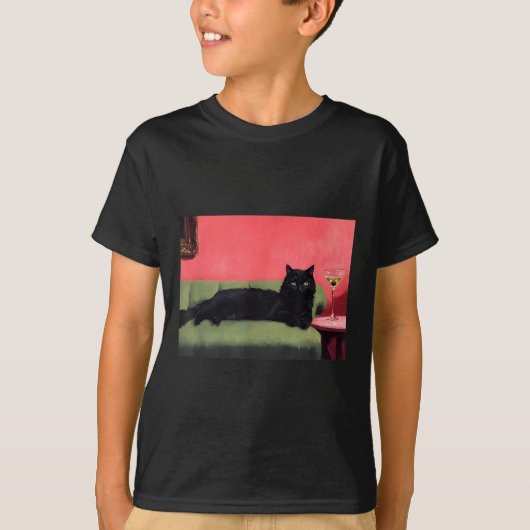 Zwarte Kat Met Martini Kunstprint T-shirt (Voorkant)