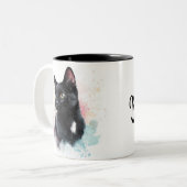 Zwarte kat met mok eigen tekst toevoegen (Voorkant links)
