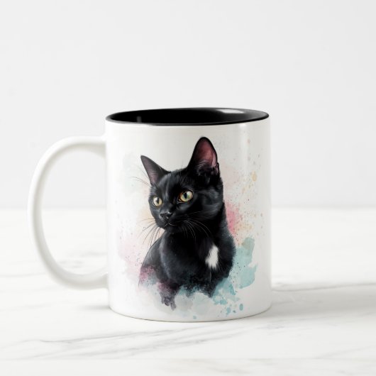 Zwarte kat met mok eigen tekst toevoegen (Links)