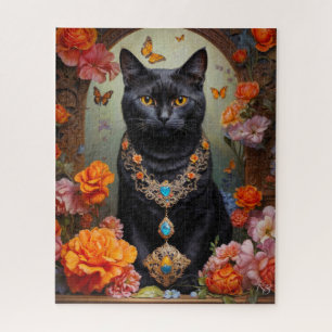 Zwarte kat met mooie sieraden en bloemen legpuzzel