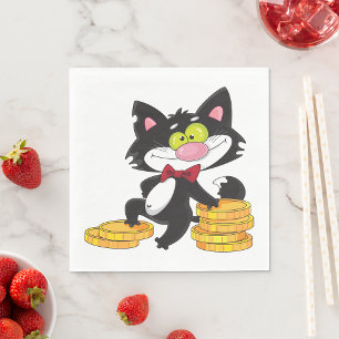 Zwarte Kat Met Munten Schattig Geld Karakter Servet