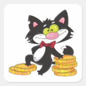 Zwarte Kat Met Munten Schattig Geld Karakter Vierkante Sticker (Voorkant)
