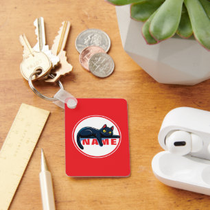 Zwarte kat met naam op rode acrylsleutelhanger sleutelhanger