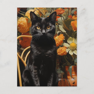 Zwarte kat met Oranje bloemen Briefkaart