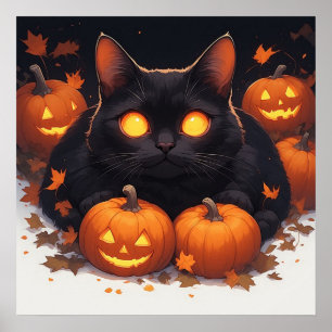 Zwarte Kat Met Oranje Ogen Halloween Pompoen Thema Poster