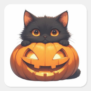 Zwarte Kat Met Oranje Pompoen Display Vierkante Sticker