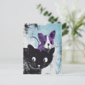 Zwarte kat met Paarse muis op hoofd Briefkaart (Staand voorkant)