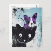 Zwarte kat met Paarse muis op hoofd Briefkaart (Voorkant / Achterkant)