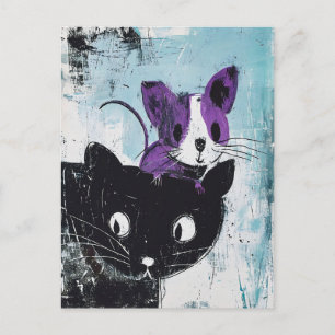 Zwarte kat met Paarse muis op hoofd Briefkaart