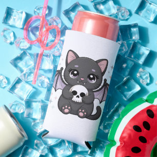 Zwarte Kat met Paarse Vleermuisvleugels die een Sc Seltzer Blikjeskoeler