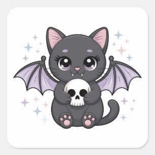 Zwarte kat met paarse vleermuisvleugels die een sc vierkante sticker