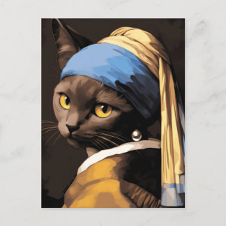 Zwarte kat met parel oorbel briefkaart