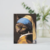 Zwarte kat met parel oorbel briefkaart (Staand voorkant)