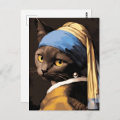 Zwarte kat met parel oorbel briefkaart (Voorkant / Achterkant)