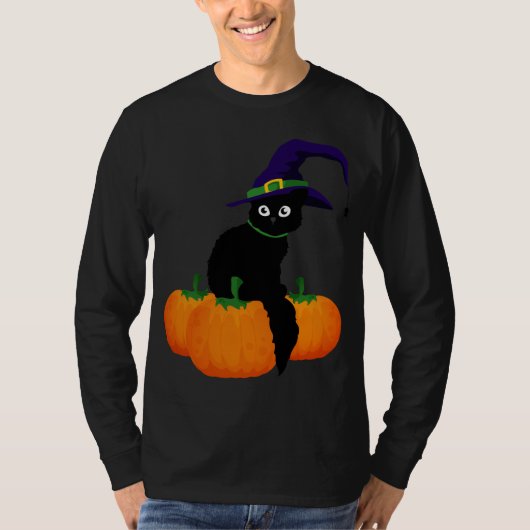 Zwarte kat met Pet en pompoenen voor Halloween T-shirt (Voorkant)