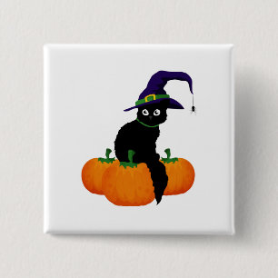Zwarte kat met Pet en pompoenen voor Halloween Vierkante Button 5,1 Cm