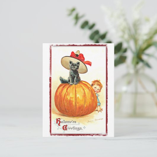 Zwarte kat met Pet  Halloween Briefkaart (Staand voorkant)