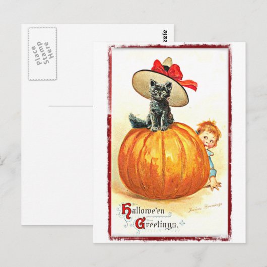 Zwarte kat met Pet  Halloween Briefkaart (Voorkant / Achterkant)