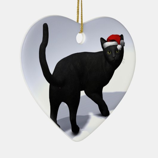 Zwarte kat met Pet van de kerstman Keramisch Ornament (Rechts)
