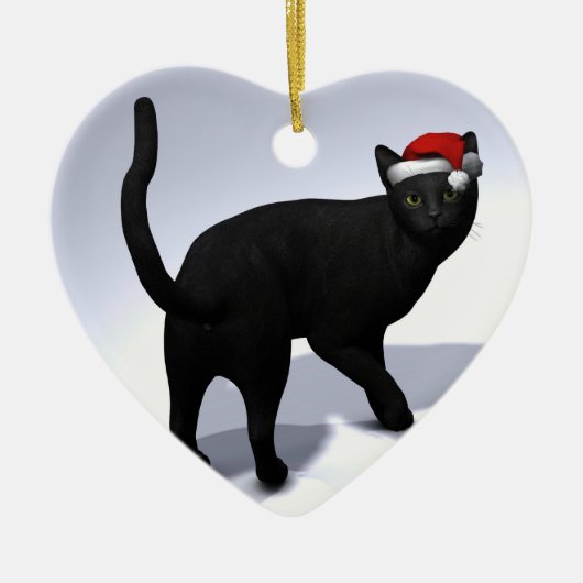 Zwarte kat met Pet van de kerstman Keramisch Ornament (Voorkant)