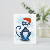 Zwarte kat met Pet van Santa Briefkaart (Staand voorkant)