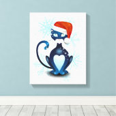 Zwarte kat met Pet van Santa Canvas Afdruk (Insitu (Houten vloer))