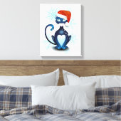 Zwarte kat met Pet van Santa Canvas Afdruk (Insitu (Slaapkamer))