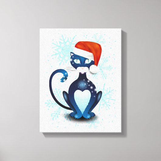 Zwarte kat met Pet van Santa Canvas Afdruk (Voorkant)