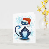 Zwarte kat met Pet van Santa Kaart (Gele Bloem)