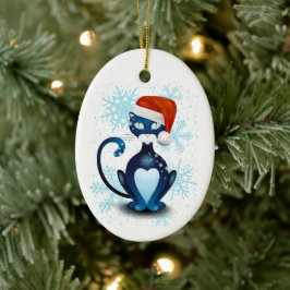 Zwarte kat met Pet van Santa Keramisch Ornament