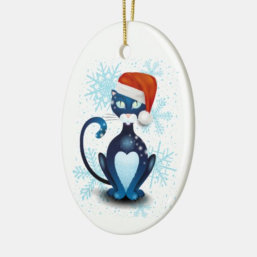 Zwarte kat met Pet van Santa Keramisch Ornament (Links)