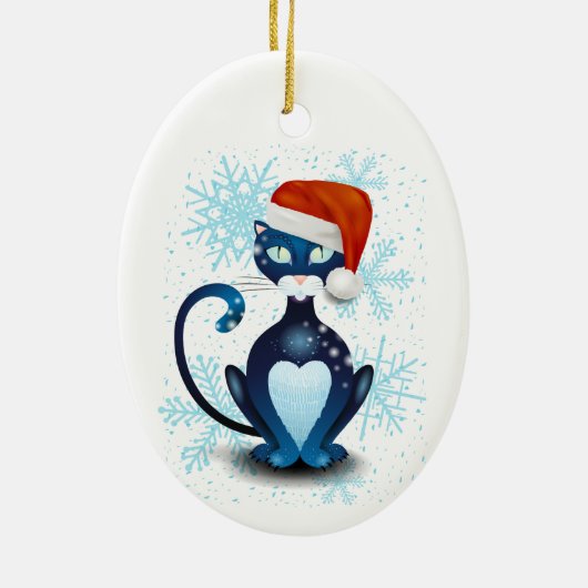 Zwarte kat met Pet van Santa Keramisch Ornament (Achterkant)