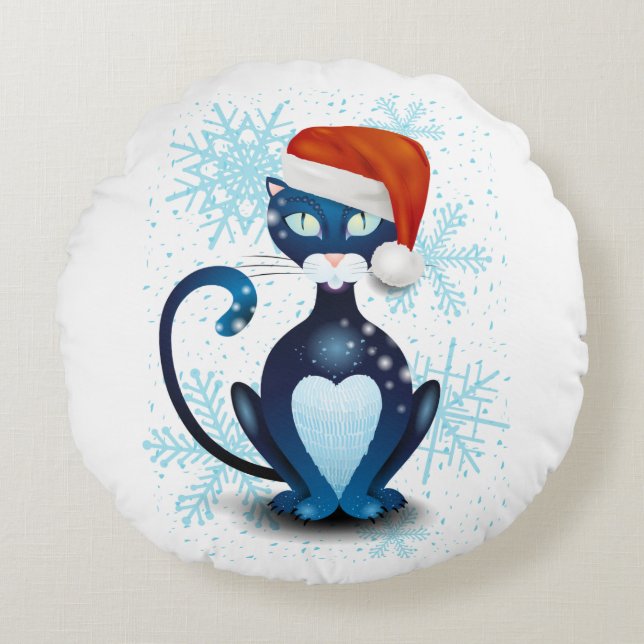 Zwarte kat met Pet van Santa Rond Kussen (Voorkant)