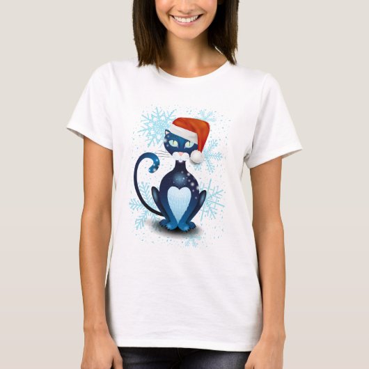 Zwarte kat met Pet van Santa T-shirt (Voorkant)