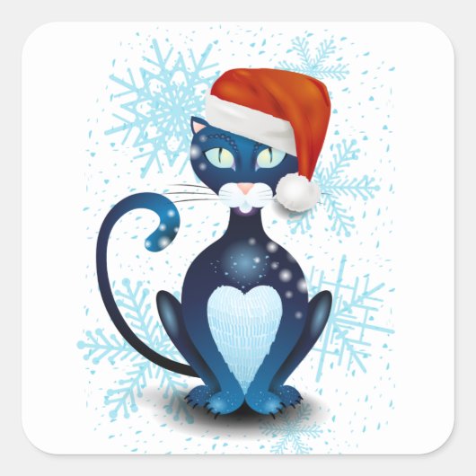 Zwarte kat met Pet van Santa Vierkante Sticker (Voorkant)