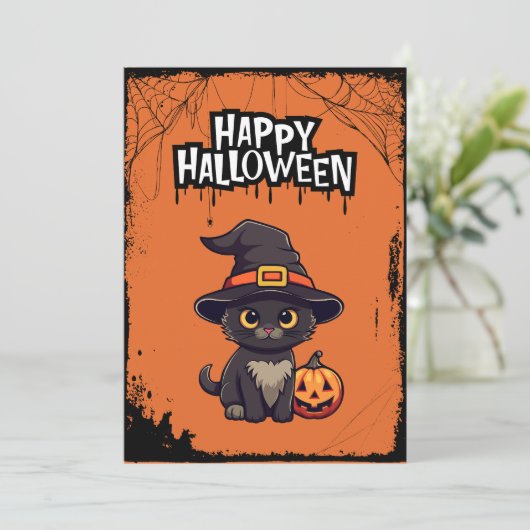 Zwarte Kat Met Pompoen Jack O' Lantern Feestdagenkaart (Staand voorkant)