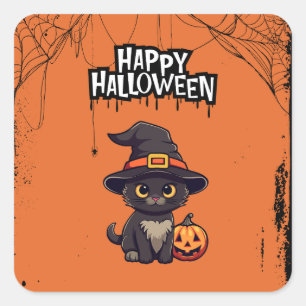 Zwarte kat met pompoen Jack O' Lantern Vierkante Sticker