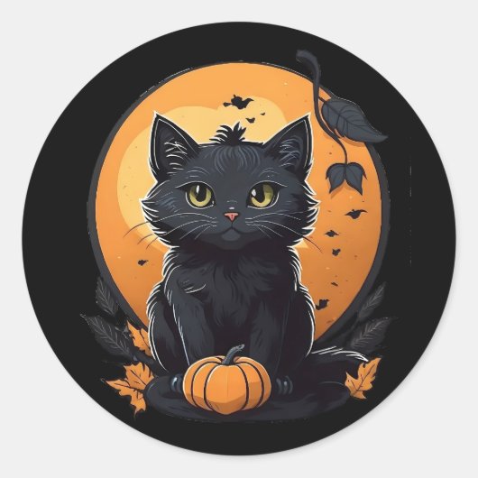 Zwarte kat met pompoen ronde sticker (Voorkant)