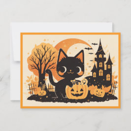 Zwarte Kat met Pompoen Snoep Emmer Briefkaart