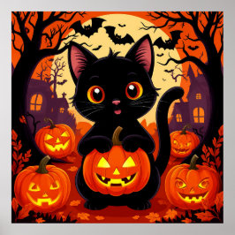 Zwarte Kat Met Pompoenen Halloween Schattig Grieze Poster