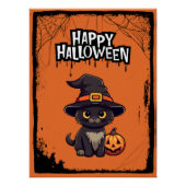 Zwarte kat met pompoenjack op lantaarn Halloween Perfect Poster (Voorkant)