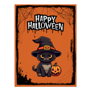 Zwarte kat met pompoenjack op lantaarn Halloween Perfect Poster
