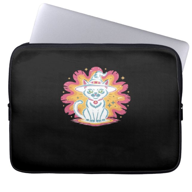 Zwarte kat met psychedelische bloem Oversized T-Sh Laptop Sleeve (Voorkant)