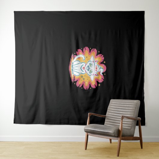 Zwarte kat met psychedelische bloem Oversized T-Sh Wandkleed (In Situ (horizontaal))