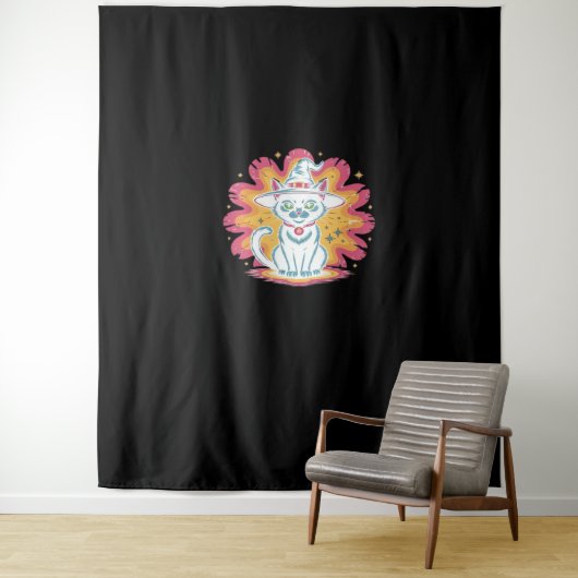 Zwarte kat met psychedelische bloem Oversized T-Sh Wandkleed (In situ)