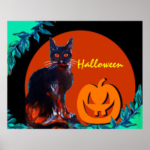 ZWARTE KAT MET PUMPKIN IN HALLOEEN NACHT POSTER