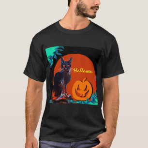 ZWARTE KAT MET PUMPKIN IN HALLOEEN NACHT T-SHIRT
