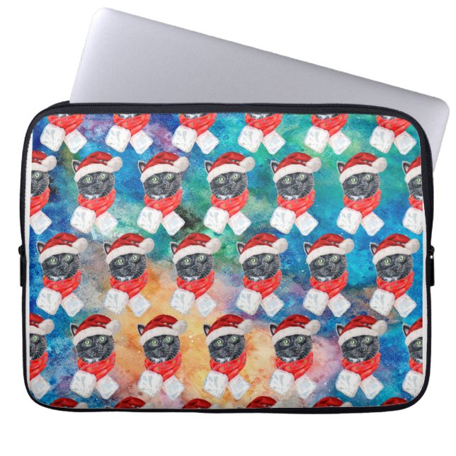 Zwarte kat met Red Scarf Funny Kerstmis Laptop Sleeve (Voorkant)