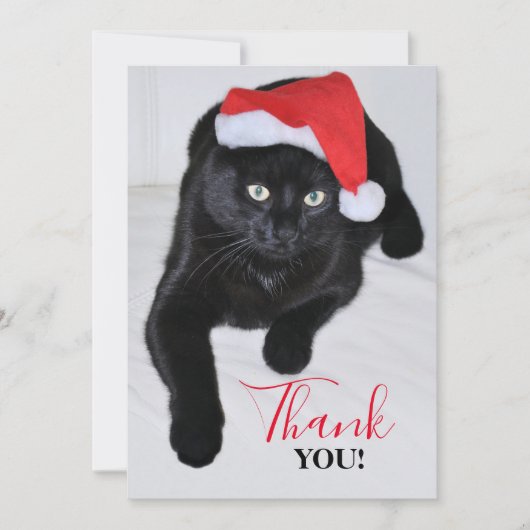 Zwarte kat met rode kersthat bedankkaart (Voorkant)